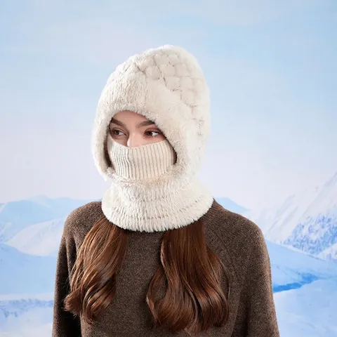 Cappello Sciarpa Maschera Integrato Inverno Poliestere Maglia Fodera Peluche Antivento Caldo Protezione Orecchie Donne