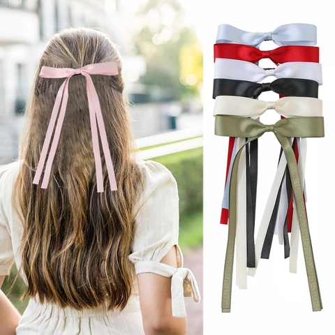 Women Satin Ribbon Bow Hair Clips Long Streamer Elegant Hairpins Sweet Duckbill Clips Korean Style Trendy Headwear