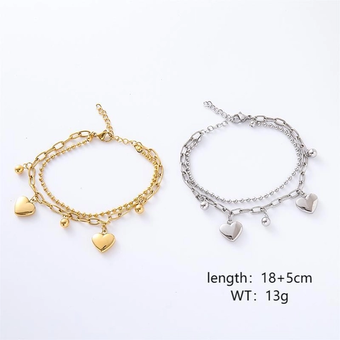 Pulsera De Doble Capa Colgante De Corazón De Acero Inoxidable Cadena De Cuentas Y Cruz Joyería Elegante Ajustable Para Mujer