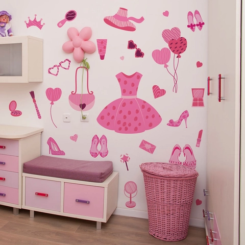 Rosa Prinzessinnen-Stil Wandtattoo Für Mädchen Kinderzimmer Dekoration PVC Abnehmbare Selbstklebende Kleid High Heels Tasche Wandbild
