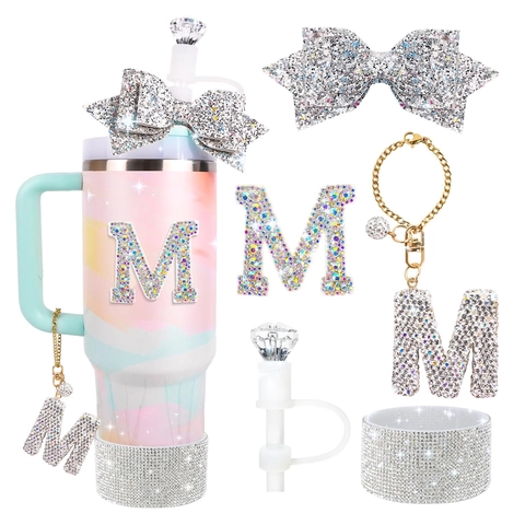 Tumbler Accessory With Rhinestone Alphabet Charm Glitter Bow Diamond Straw Cover And Silicone Protective Cup Boot
