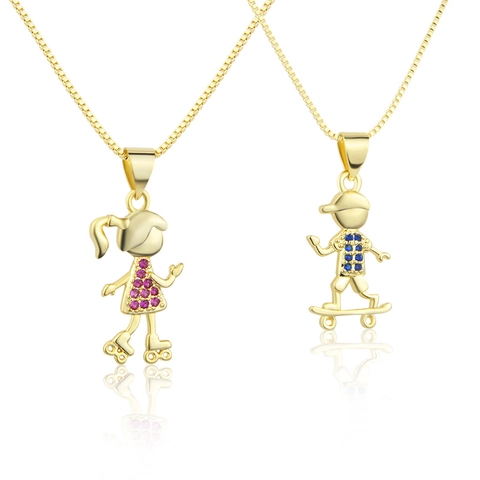 Copper Gold Plated Zircon Skateboard Boy Roller Skating Girl Pendant Necklace Fashion Simple Jewelry For Couples Friends