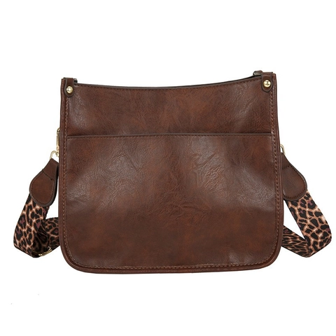 Women Shoulder Bag PU Leather Retro Square Crossbody With Leopard Print Wide Strap Casual Fashion Messenger Handbag