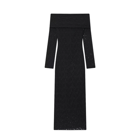 Vestido Largo De Encaje Con Hombros Descubiertos Manga Larga Ajustado Elegante Fiesta Color Sólido Para Mujeres
