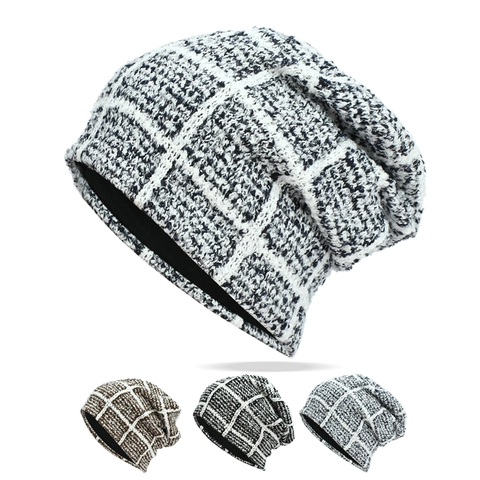 Unisex Knit Beanie Hat Acrylic Winter Warm Plaid Checkered Slouchy Pullover Cap For Men Women