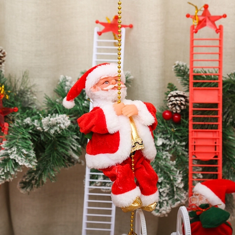 Electric Climbing Santa Claus Plush Plastic Musical Moving Bead Chain Christmas Tree Home Wall Hanging Decor Toy Gift