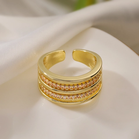 Minimalist Copper Double Row Rhinestone Wide Geometric Open Ring Gold Adjustable Fashion Finger Jewelry For Women Accessories