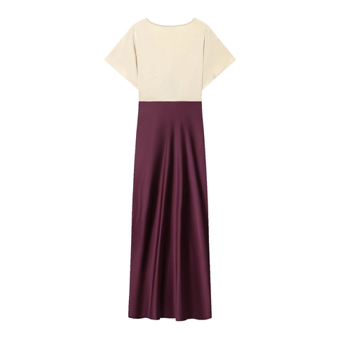 Maxi Dress Satin Lace Patchwork V-Neck Color Block Short Sleeve Elegant Women Evening Party Satin Like Fabric
