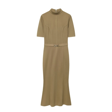 Vestido Midi De Manga Corta Con Cuello Alto De Poliéster Elástico Ajustado Color Sólido Con Cinturón Elegante Oficina