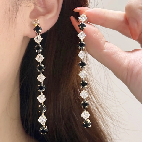 Lange Tassel Hänger Ohrringe Geometrisch Zirkon Quadrat Vergoldet Kupfer Mit 925 Sterling Silber Ohrstecker Elegant