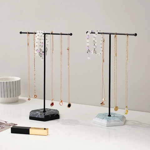 Jewelry Display Stand T-Bar Metal Iron Necklace Bracelet Organizer With Marble Texture Base Desktop Nordic Style