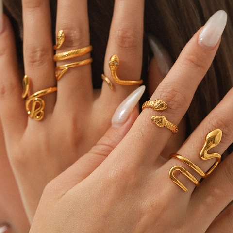 Snake Ring 18K Gold Plated Stainless Steel Open Adjustable Textured Scale Spirit Snake Fashion Jewelry For Women