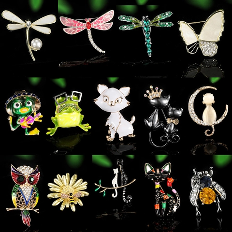 Broches Animales Plantas Lindos Aleación Pedrería Esmalte Perla Artificial Imitación Búho Rana Libélula Gato Mariposa Joyería Mujer