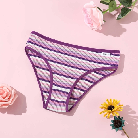Women's Ribbed Cotton Panties Colorful Striped Low Waist Breathable Briefs Soft Underwear For Girls