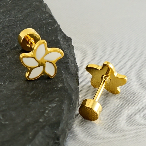 Boucles D'Oreilles Puces Fleur Acier Inoxydable Plaqué Or 18K Émail Fermoir À Vis Minimaliste Élégant Pour Femmes