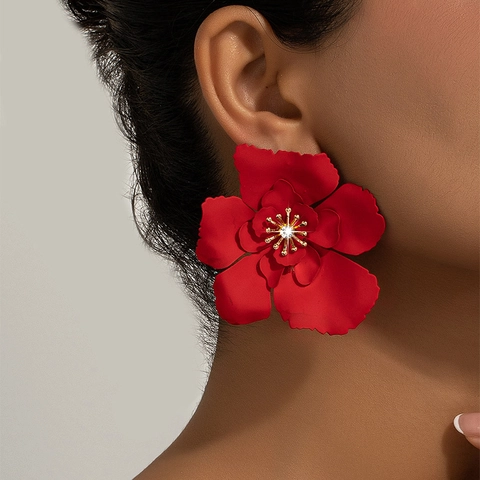 Large Exaggerated Flower Stud Earrings Alloy Matte Lacquer Floral Design With Rhinestone Center For Women Fashion Style