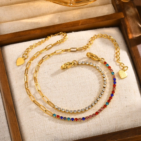 Bracciale In Acciaio Inossidabile Da Donna Con Zirconia Catena A Graffetta Tennis Ibrida Placcata Oro Ciondolo Cuore