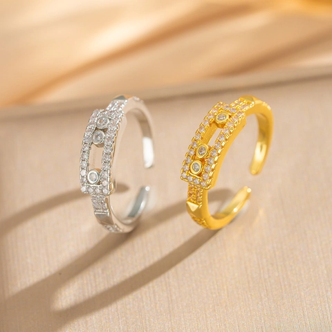 Sliding Stones Adjustable Ring Copper With Cubic Zirconia 18K Gold Plated Moving Diamond Rectangular Frame Trendy Women Jewelry