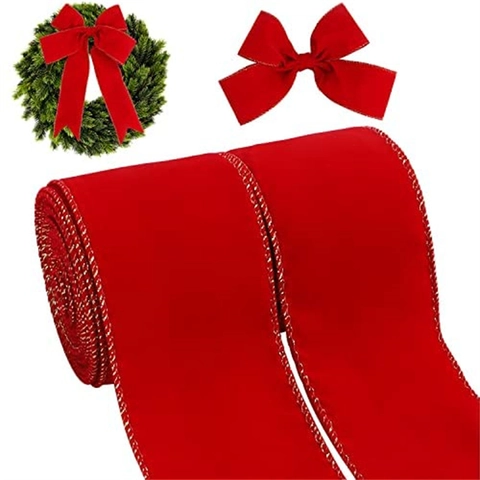 Red Velvet Christmas Ribbon With Wired Gold Edge For Gift Wrap Wreath Tree Topper Holiday Decoration