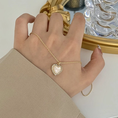 Herz Anhänger Halskette Zinklegierung Mit Künstlichem Perlmutt Und Strass Eleganter Modeschmuck Für Damen
