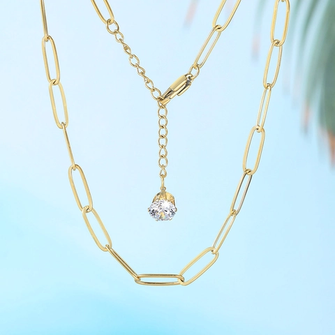 Collier Chaîne À Trombone En Acier Inoxydable Avec Pendentif En Zirconium Rond Bijoux Minimalistes Plaqués Or Pour Femmes