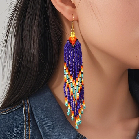 Bohemian Tassel Earrings Beaded Handmade Long Drop Ethnic Geometric Stainless Steel Post Women Vacation Jewelry