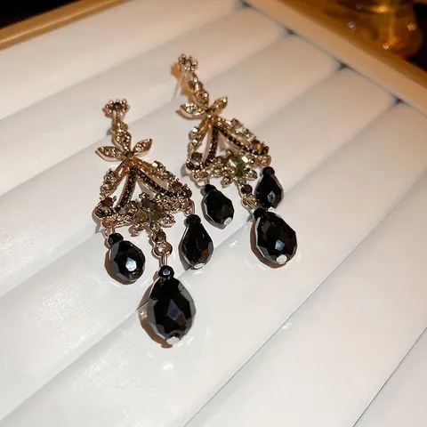 Orecchini Pendenti Stile Corte Vintage Lega Rhinestone Perle Goccia Nere Con Perno In Argento Sterling 925