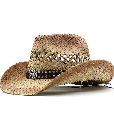 Cappello Da Cowboy In Paglia Stile Occidentale Tesa Larga Protezione Solare Con Fascia In Pelle Rivetti Distintivo In Metallo
