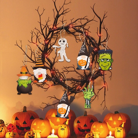 Decorazioni Sospese In Legno Halloween Fantasma Zucca Gnomo Mummia Pendenti Festa Casa