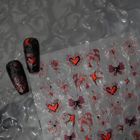 Gotische Halloween Nageltattoo Sticker 5D Relief Roter Glitzer Spinnennetz Herz Fledermaus Dunkler Stil Selbstklebende Decals Damen