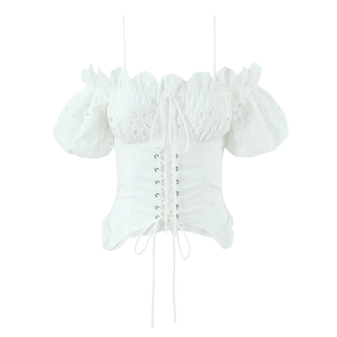 French Style White Eyelet Embroidery Off-Shoulder Top With Lantern Sleeves And Lace-Up Corset Design For Women