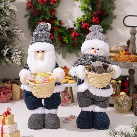 Poupée En Peluche De Noël Gnome Bonhomme De Neige Avec Panier En Bambou Bonnet Tricoté Décoration De Table De Fête