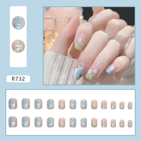 Uñas Postizas Cortas Cuadradas Ovaladas Pintura Al Óleo Azul Patrón Flor Tulipa Decoración Lámina De Oro ABS Estilo Ins Suave Mujeres