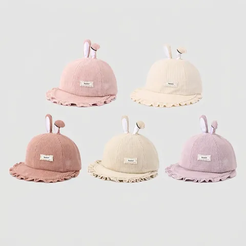 Cappello Da Pescatore In Velluto A Coste Per Bambini Con Orecchie Di Coniglio Bordo Con Volant Caldo Autunno Inverno
