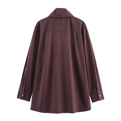 Elegante Damen Bluse Langarm Schalkragen Schleife Design Lose Polyester Oberteil Einreihig Goldene Knöpfe Kastanie