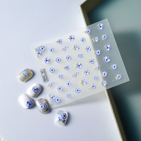 Autocollants À Ongles Relief 5D Motif Fleur Anémone Bleue Texturé Auto-Adhésif Décalcomanies Manucure DIY