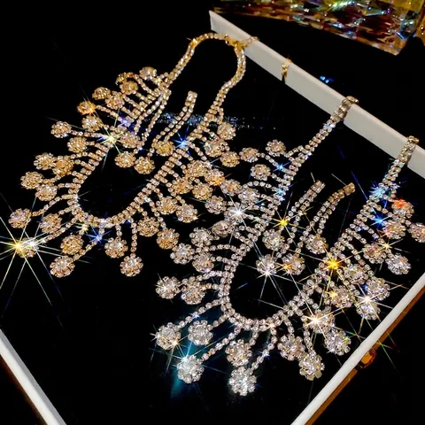Elegante Collar De Circonita Y Diamantes De Imitación Floral Y Pendientes De Borla Joyería De Lujo Para Mujer