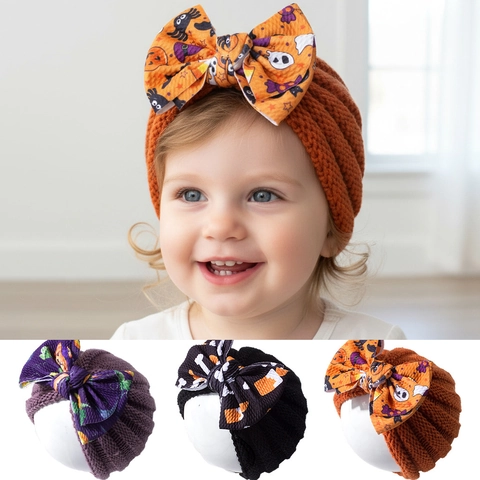 Halloween Baby Gebreide Tulband Muts Grote Strik Pompoen Geest Print Zacht Polyester Warme Beanie Voor Baby