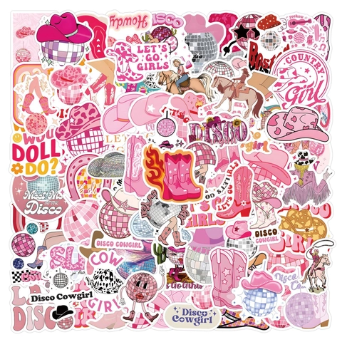 Calcomanías De Vinilo Impermeables Disco Cowgirl Rosa Para Computadora Portátil Botella De Agua Decorativas Retro Y2K Para Niñas