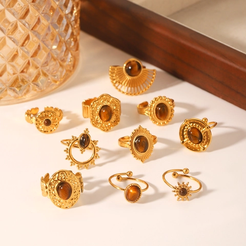 Retro Goldene Edelstahl Offene Ringe Mit Natürlichem Tigerauge Stein Geometrischer Verstellbarer Boho Schmuck Für Damen
