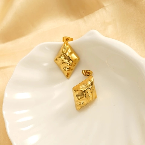 Orecchini A Lobo Rombo Acciaio Inossidabile 304 Placcato Oro 18K Trama Martellata Geometrico Irregolare Gioielli Donna