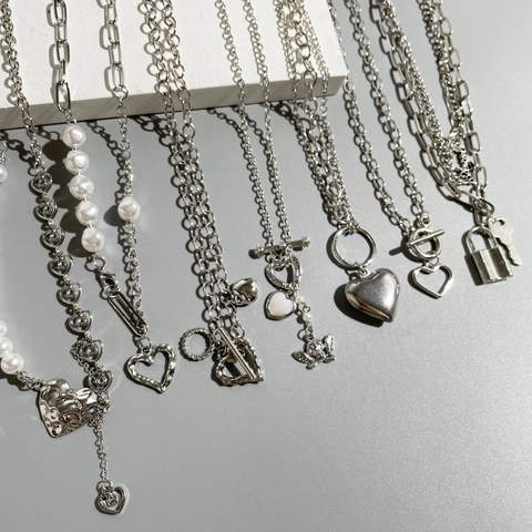 Fashion Heart Butterfly Pendant Necklace Alloy Imitation Artificial Pearl Layered Toggle Clasp Jewelry Women