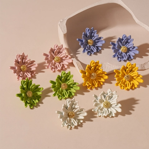 Daisy Flower Stud Earrings Alloy Colorful Matte Design With Silver Earring Post Sweet Minimalist Style For Women Girls