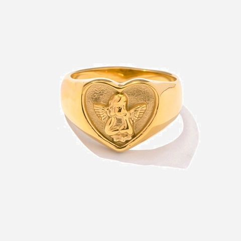 Heart Shaped Angel Signet Ring 18K Gold PVD Plated Stainless Steel Retro Cupid Relief Fashion Jewelry For Women
