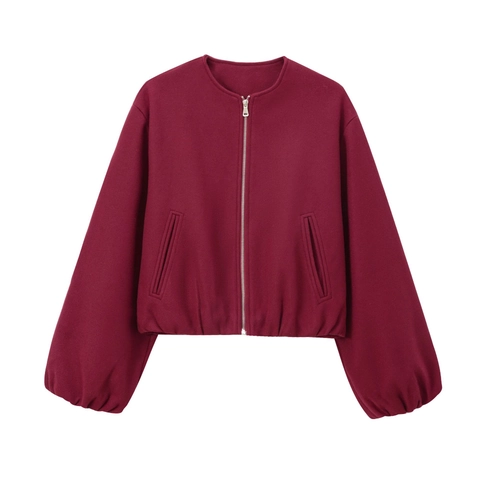 Giacca Bomber in Lana Vintage da Donna Casual Girocollo con Cerniera Cappotto Corto Manica a Lanterna Allentata