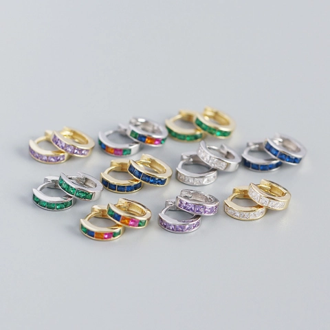 925 Sterling Silver Square Rhinestone Huggie Hoop Earrings Colorful Stone Small Geometric Ear Buckle Fashion Jewelry For Women
