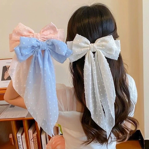 Grote Franse Chiffon Strik Haarklem Met Lange Linten Swiss Dot Polka Dot Elegante Haaraccessoires Voor Dames