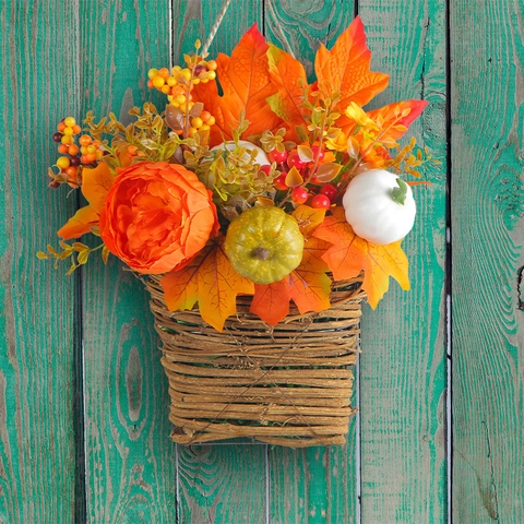 Cesto Appeso Raccolto Ringraziamento Decorazione Autunno Zucca Artificiale Foglia Acero Peonia Fiore Per Porta Parete