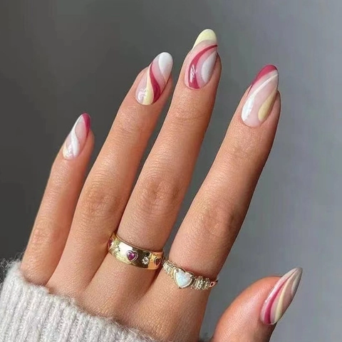 Faux Ongles À Presser Style Français Lignes Ondulées Rouge Blanc Nude Brillant Manucure Couverture Totale