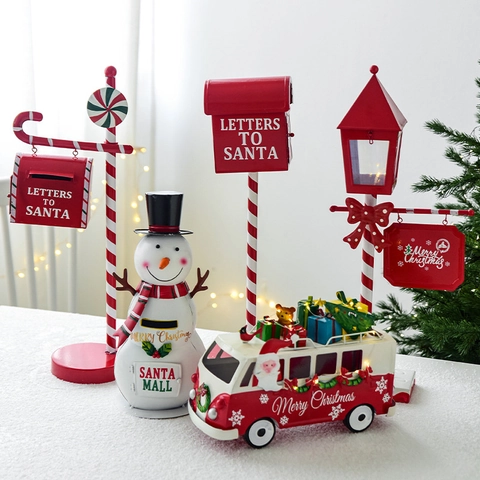 Christmas Iron Mailbox Sleigh Snowman Bus Ornament With LED Light Red Green Retro Desktop Metal Decoration For Hotel Store Xmas Party